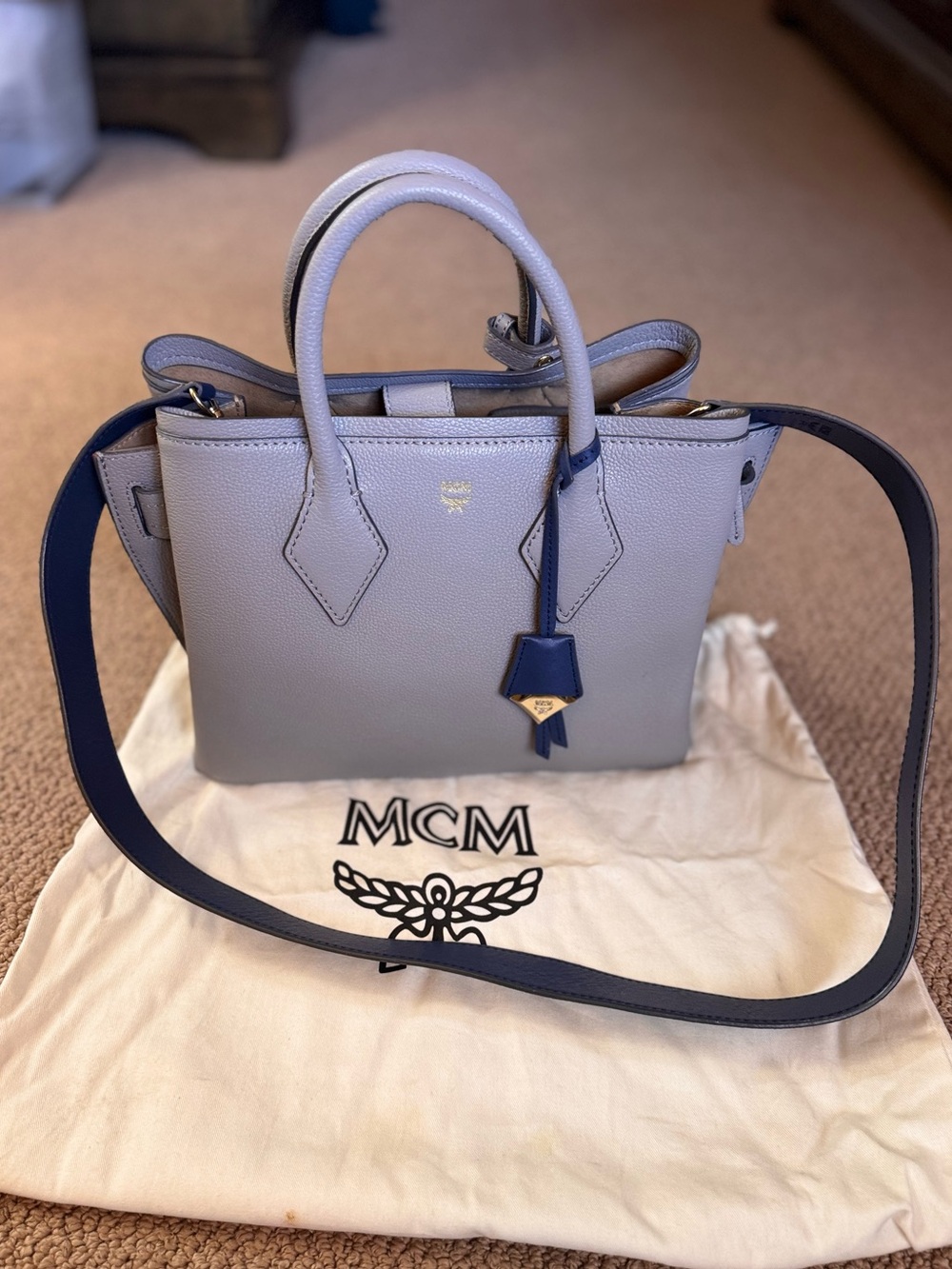 MCM Milla medium Tote Top-Handle Satchel with Navy Accent